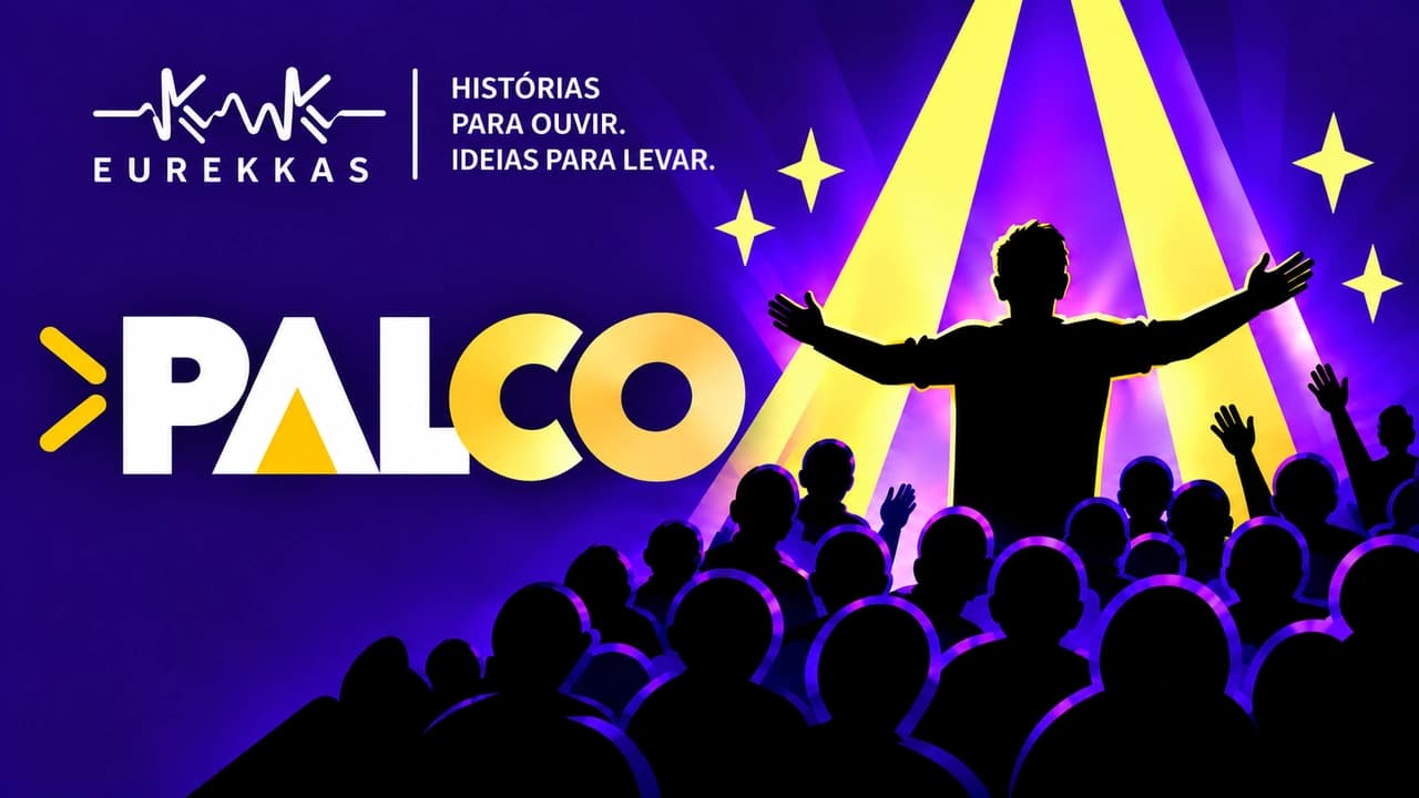 Arte do Palco: um apresentador de braços abertos sob holofotes, diante da plateia, com o texto “Histórias para ouvir. Ideias para levar.”